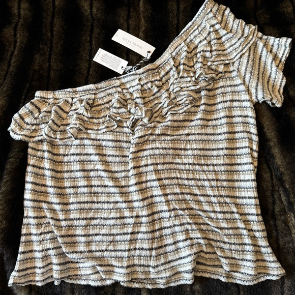 Lucky brand off one shoulder top size L white/black/brown - Picture 2 of 4